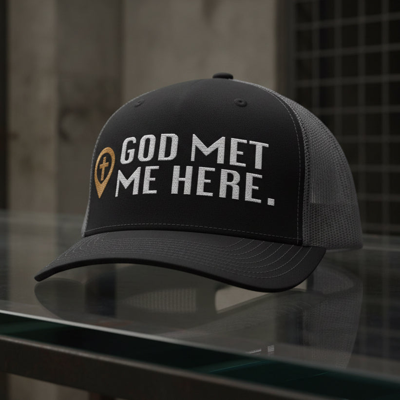 God Met Me Here Trucker Cap in Black / Charcoal — god met me here, testimony, Richardson 112 christian trucker cap