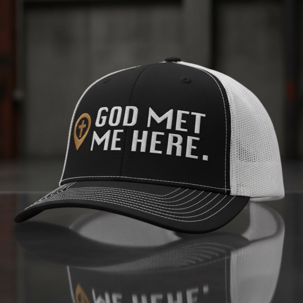 God Met Me Here Trucker Cap in Black / White — god met me here, testimony, Richardson 112 christian trucker cap