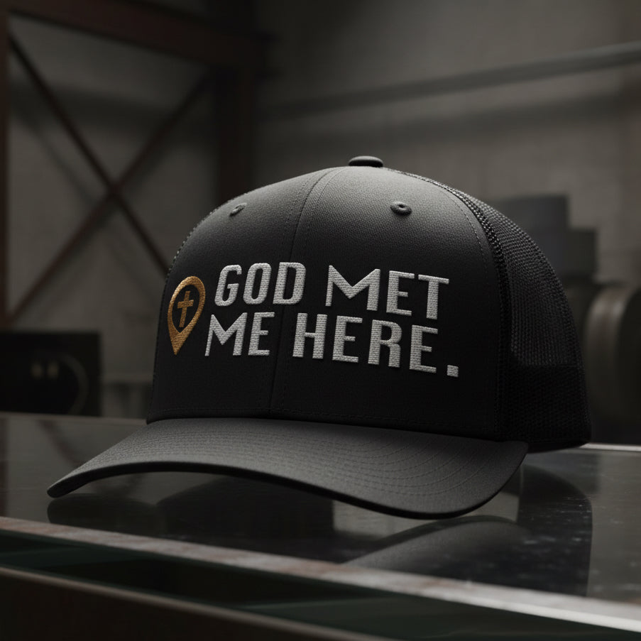 God Met Me Here Trucker Cap in Black — god met me here, testimony, Richardson 112 christian trucker cap