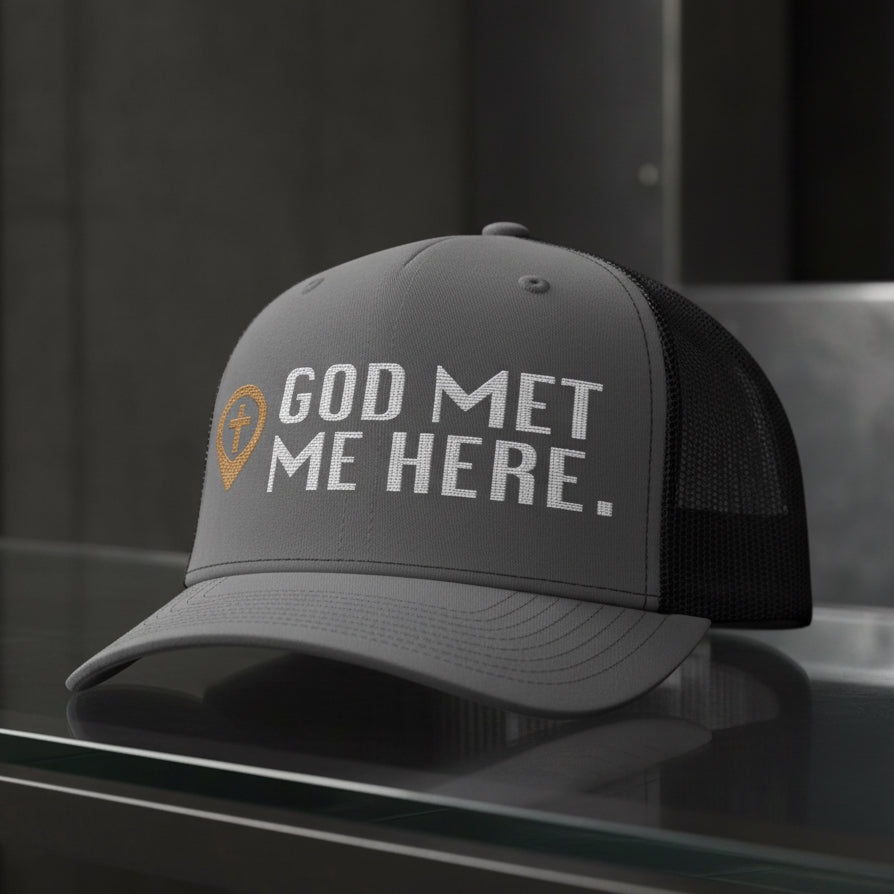 God Met Me Here Trucker Cap in Charcoal / Black — god met me here, testimony, Richardson 112 christian trucker cap