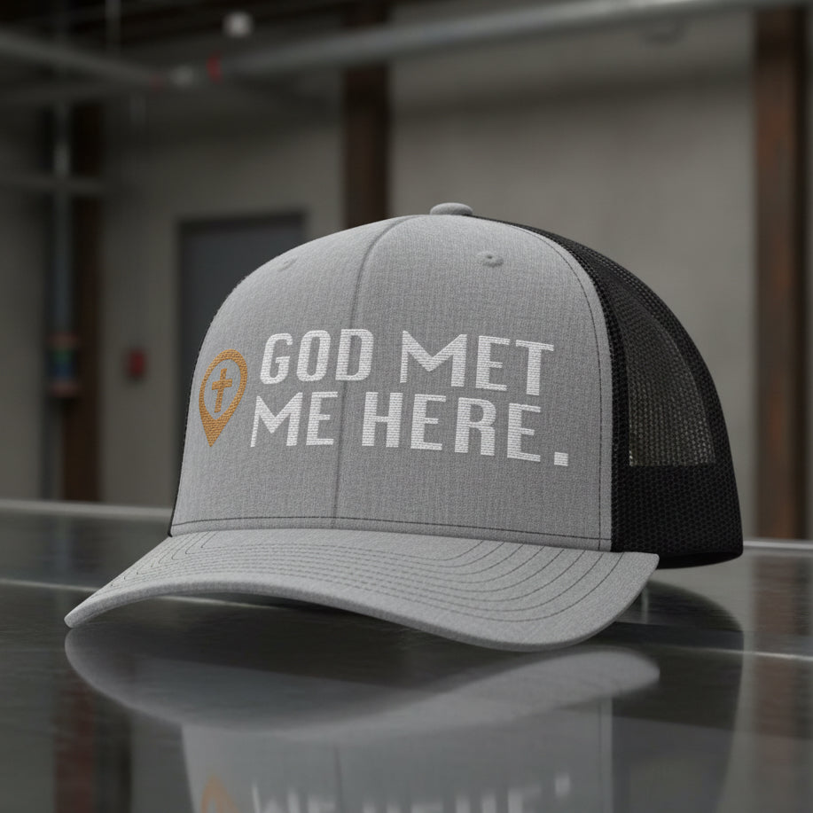 God Met Me Here Trucker Cap in Heather Grey / Black, alternate view — god met me here, testimony, Richardson 112 christian trucker cap