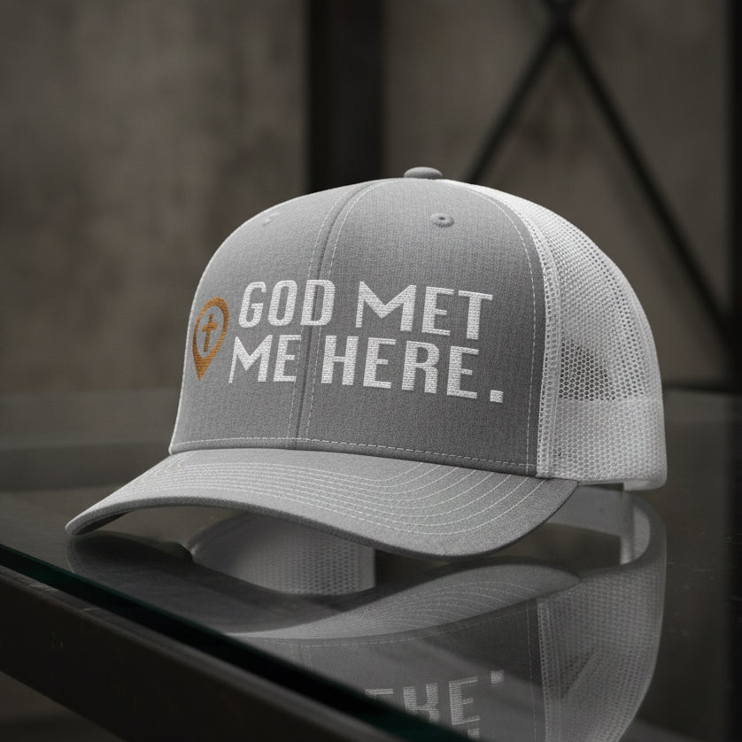 God Met Me Here Trucker Cap in Heather Grey / White — god met me here, testimony, Richardson 112 christian trucker cap