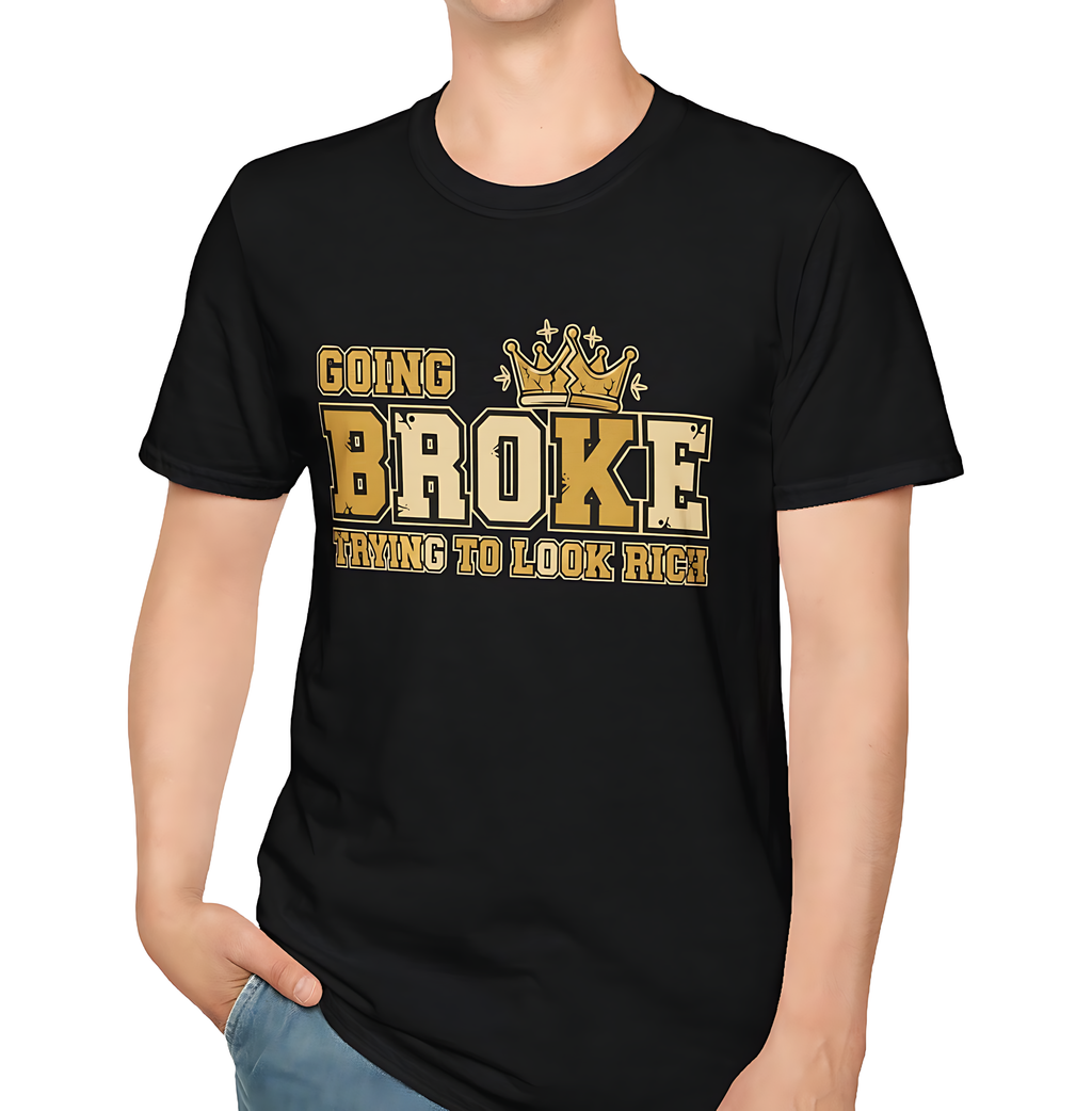 Black t-shirt with gold and white text and crown graphic on a white background