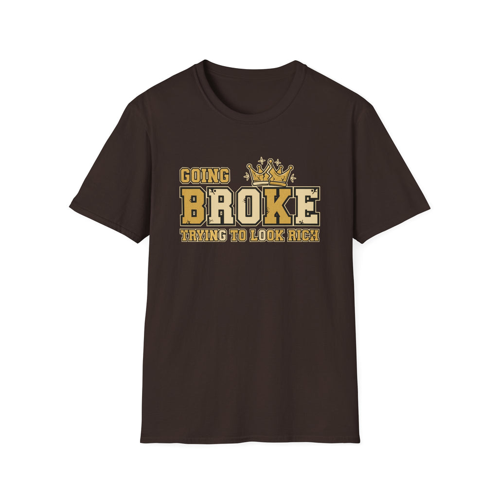 Brown t-shirt with humorous text on a white background