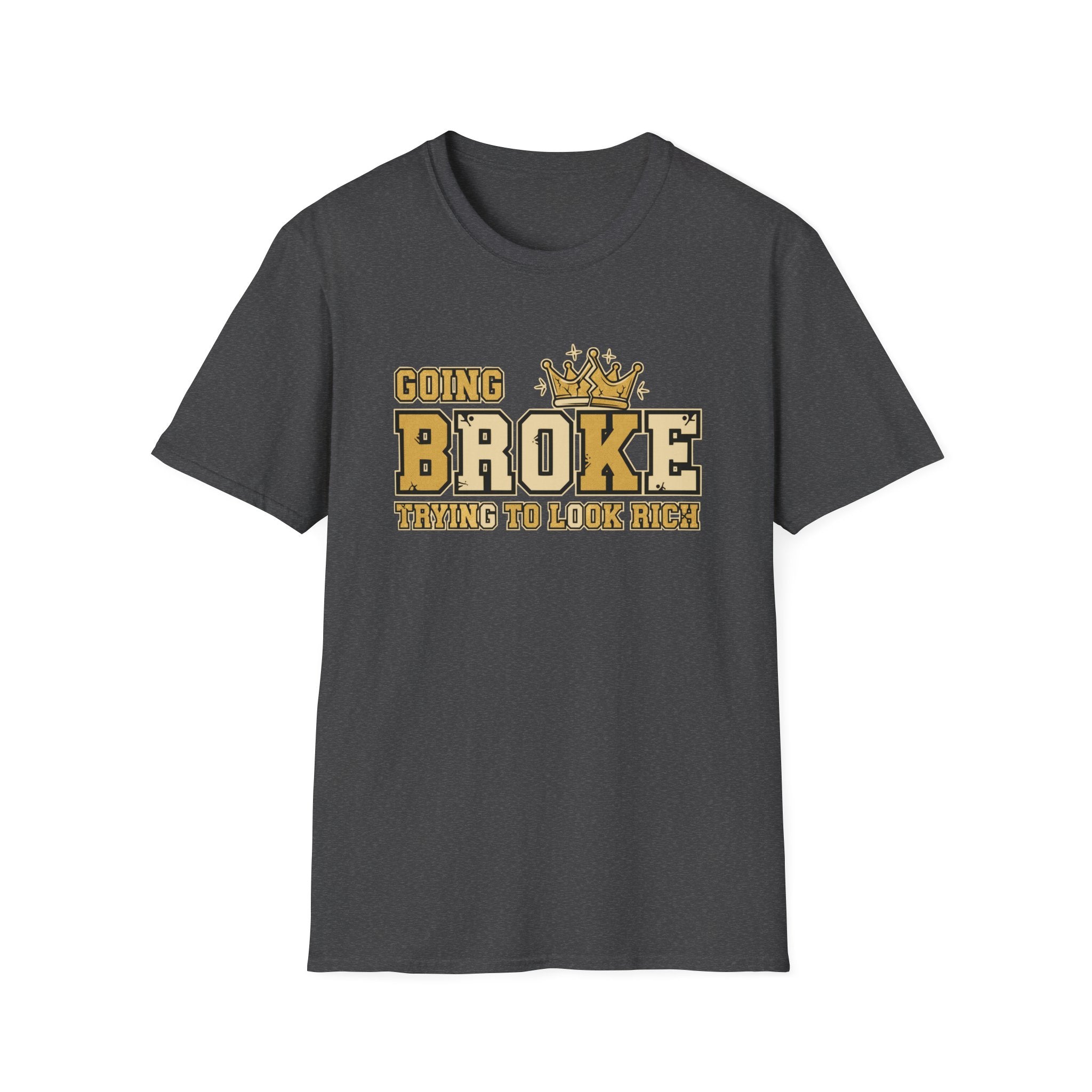 Grey t-shirt with humorous text on a white background