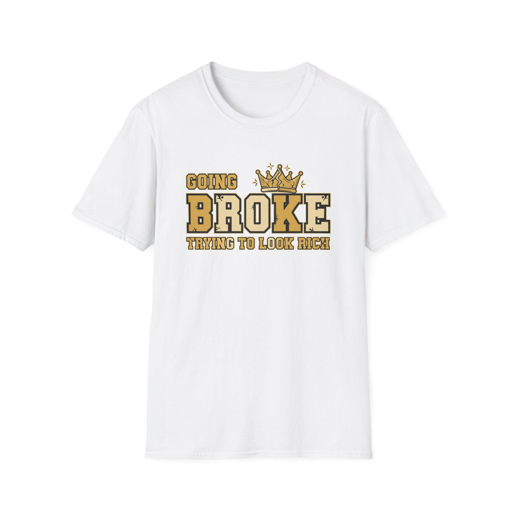White t-shirt with gold and brown text and crown graphic on a white background