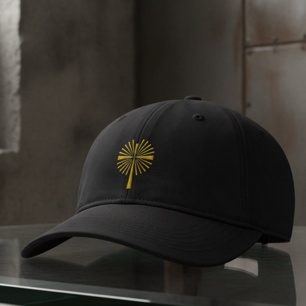 Gold Palm Cross Cap in Black — gold cross, palm cross, Comfort Colors CCWC0 washed christian cap