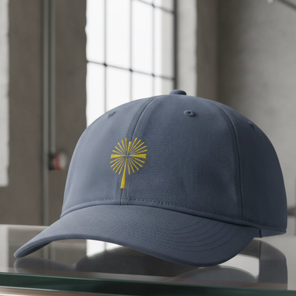 Gold Palm Cross Cap in Blue Jean (slate blue), alternate view — gold cross, palm cross, Comfort Colors CCWC0 washed christian cap