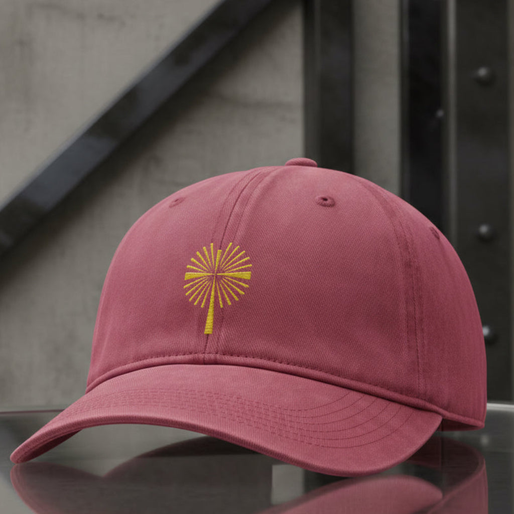 Gold Palm Cross Cap in Crimson (washed red) — gold cross, palm cross, Comfort Colors CCWC0 washed christian cap
