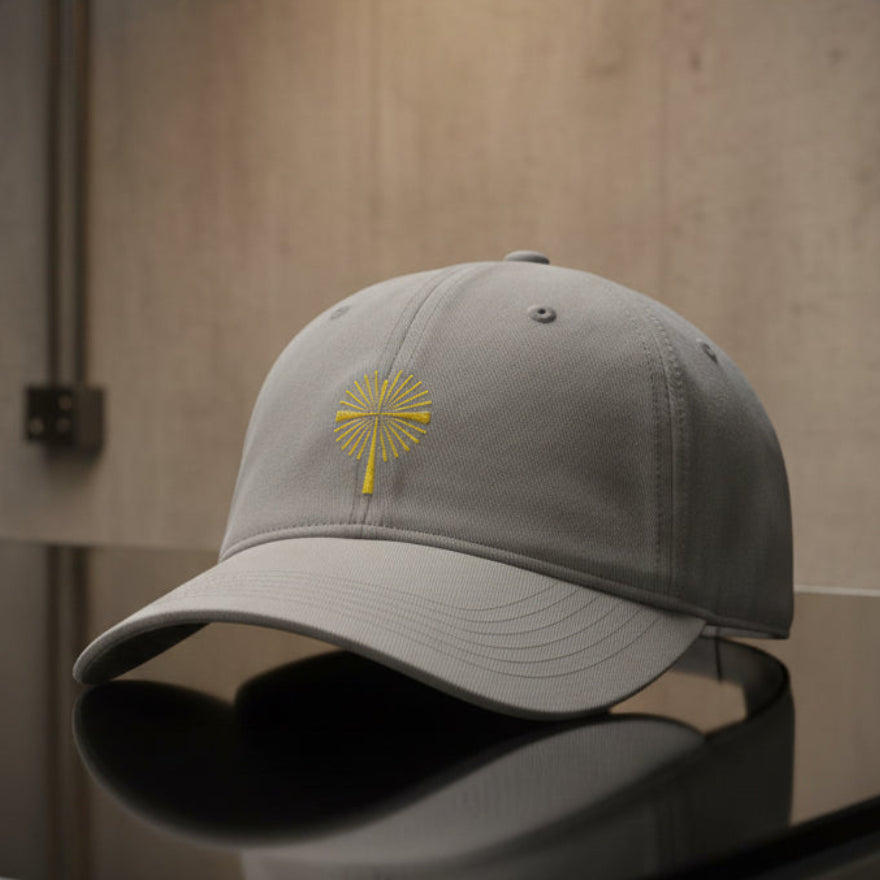 Gold Palm Cross Cap in Granite (grey) — gold cross, palm cross, Comfort Colors CCWC0 washed christian cap