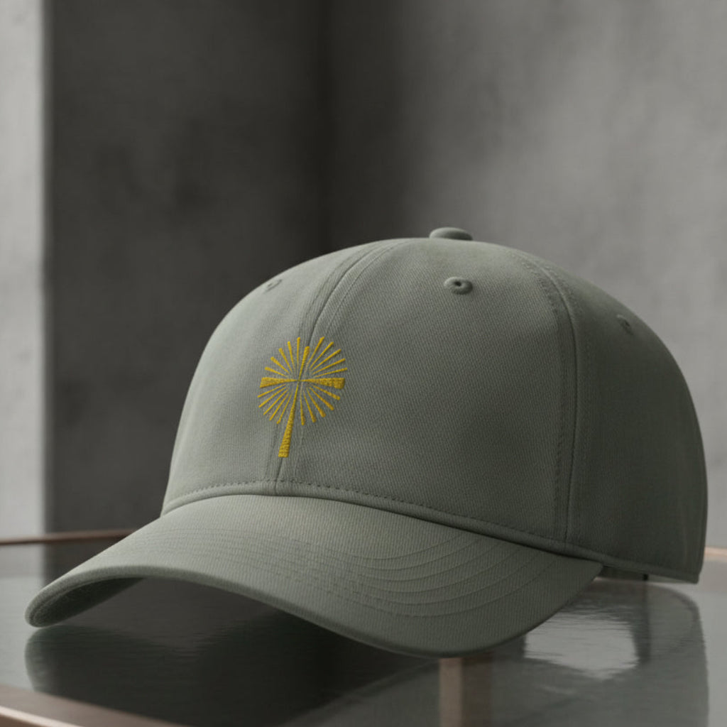 Gold Palm Cross Cap in Sandstone (tan) — gold cross, palm cross, Comfort Colors CCWC0 washed christian cap