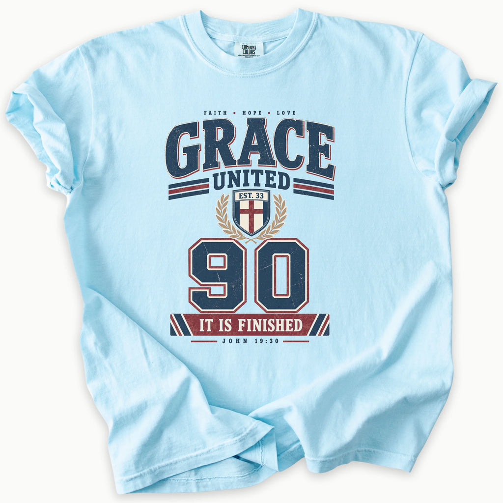 Grace UTD T-Shirt in Chambray (light blue) — It Is Finished, John 19:30, Comfort Colors 1717 unisex christian faith tee