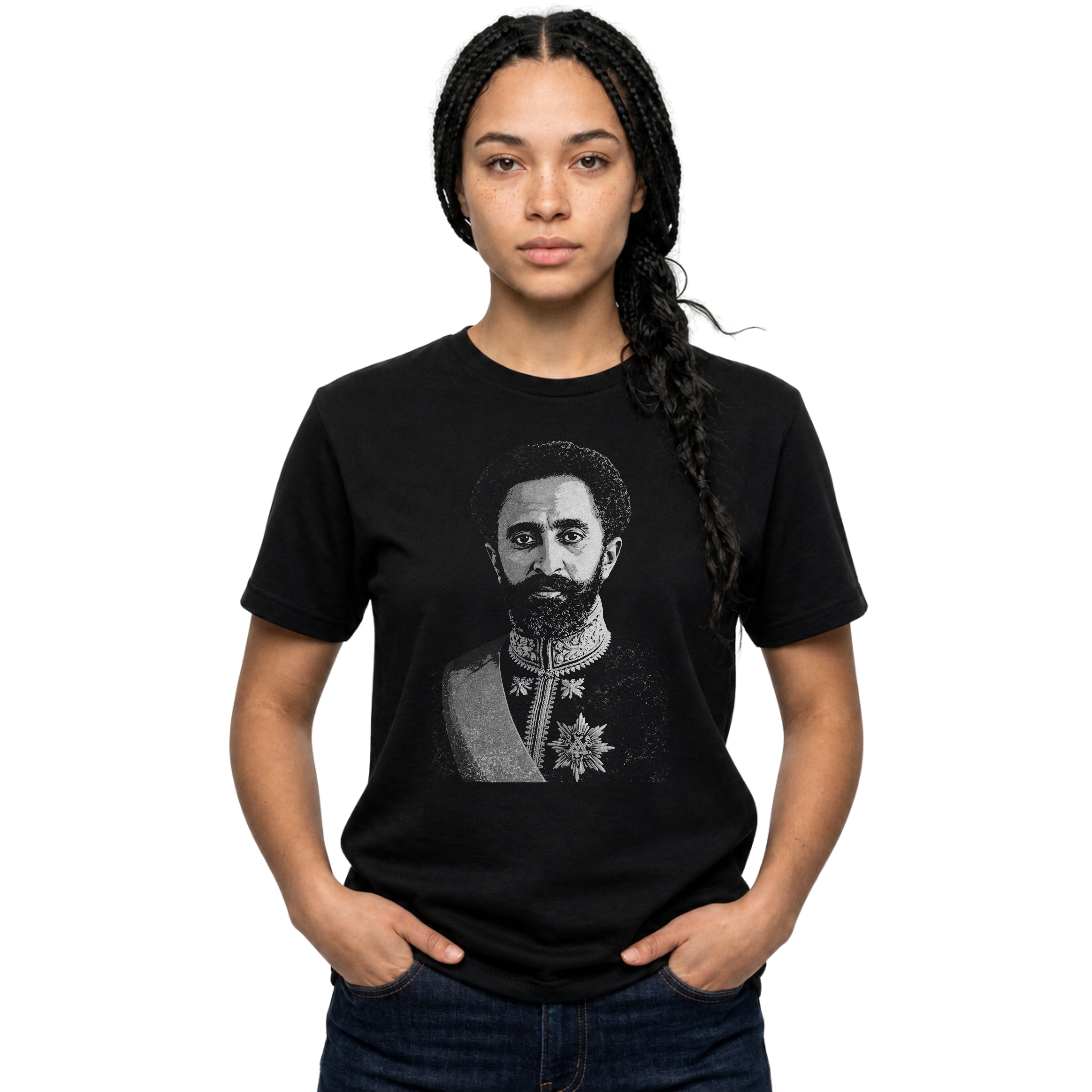 Black t-shirt with a Haile Selassie printed design on a white background
