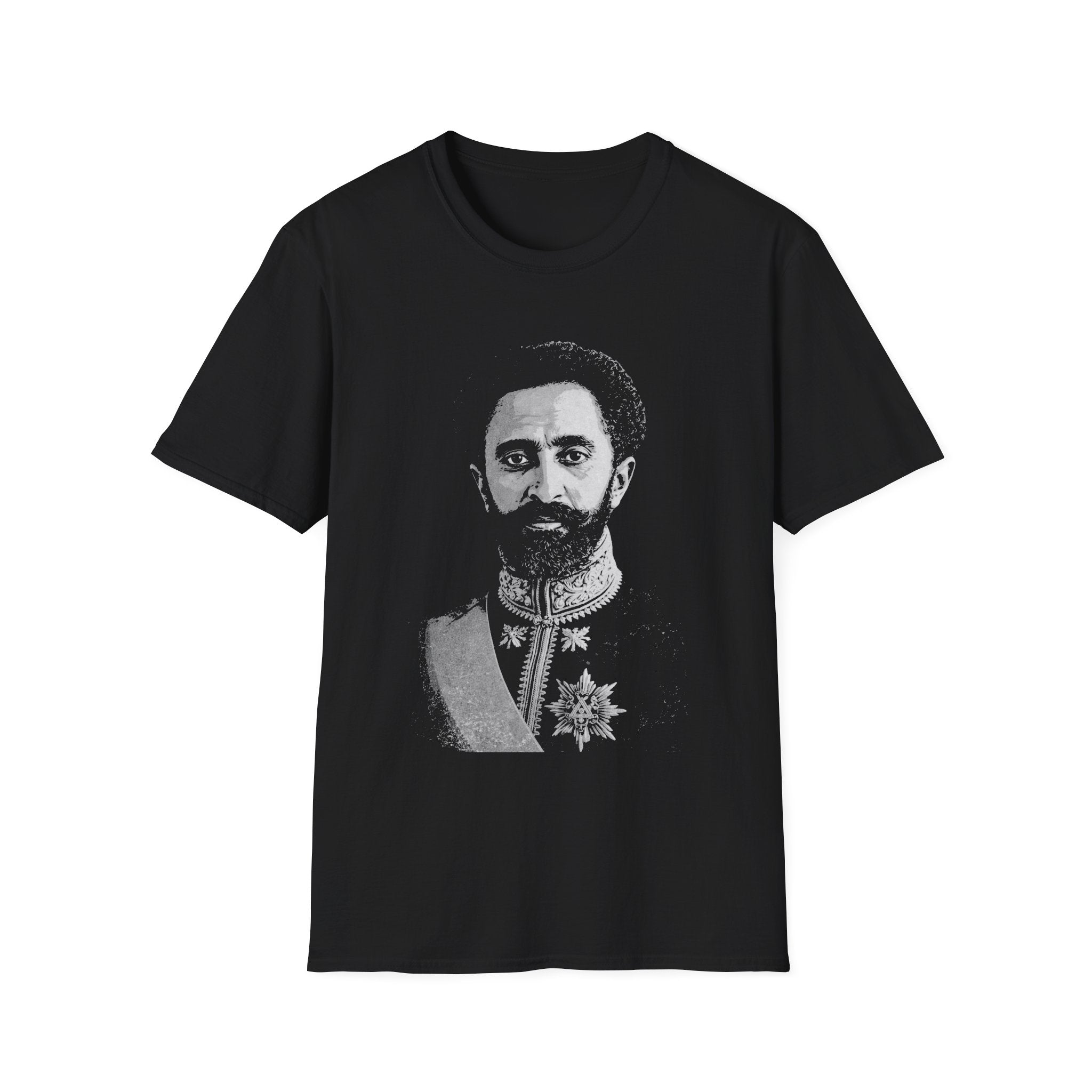 Black t-shirt with a Haile Selassie printed design on a white background