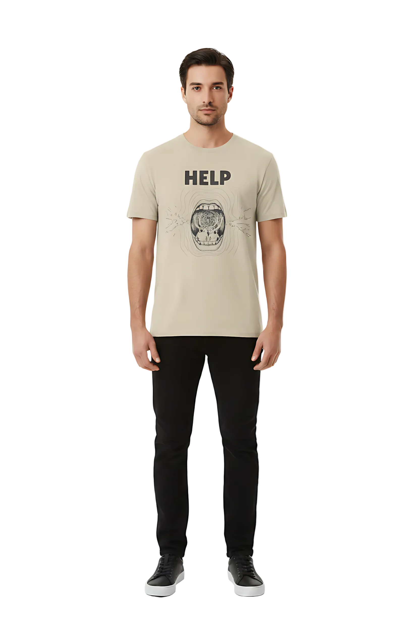 Man wearing a beige t-shirt with a graphic design and the word 'HELP' on a white background