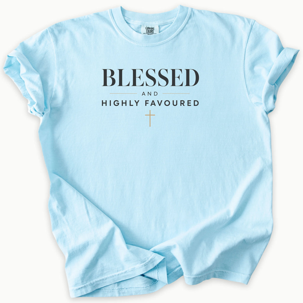 Highly Favoured T-Shirt in Chambray (light blue) — Blessed and Favored, Highly Favored, Comfort Colors 1717 unisex christian faith tee
