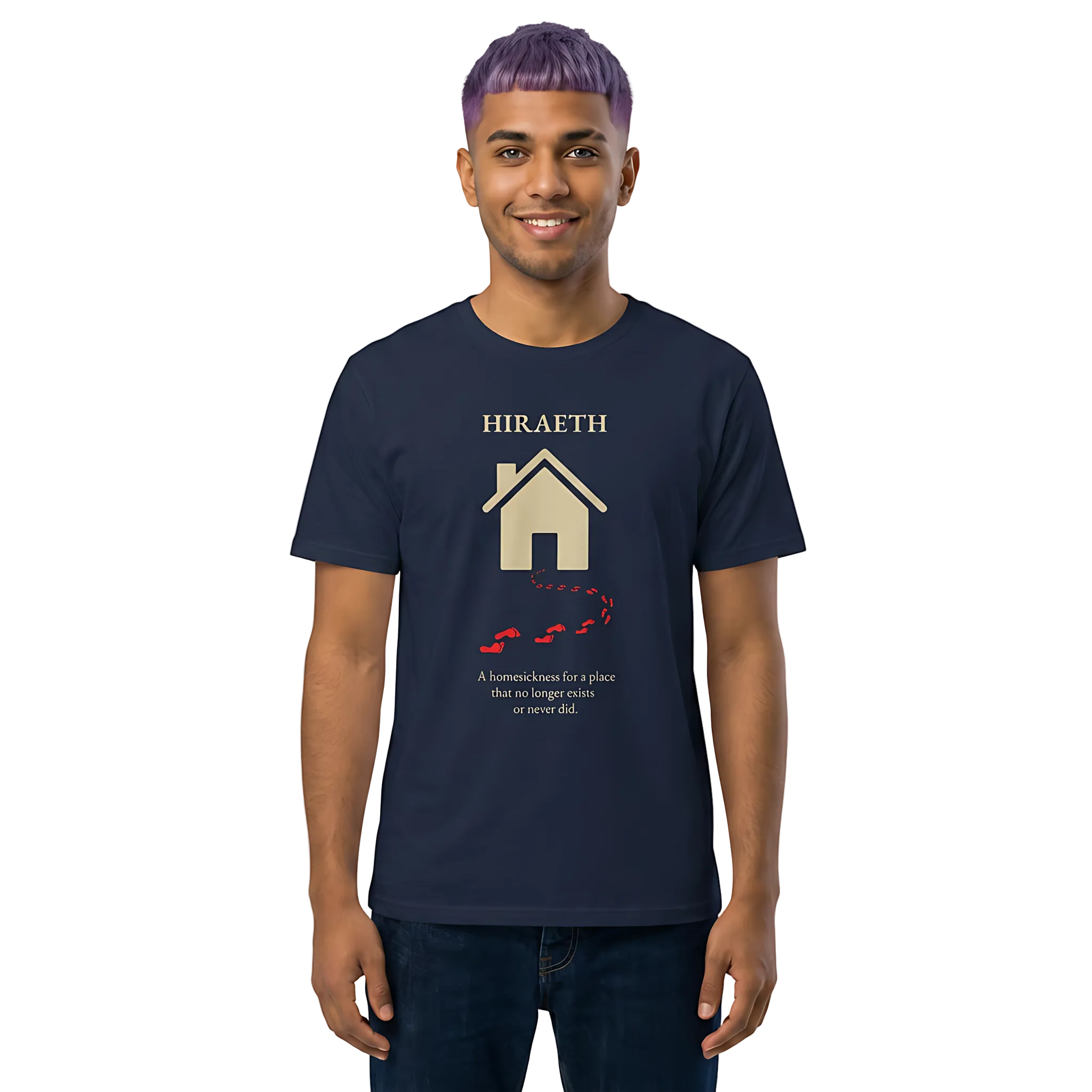 Person wearing a navy blue t-shirt with a hiraeth graphic design and text on a white background