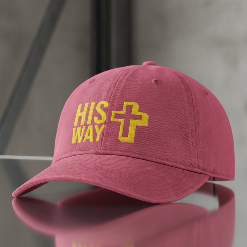 His Way Cap in Crimson (washed red), alternate view — his way, cross, Comfort Colors CCWC0 washed christian cap