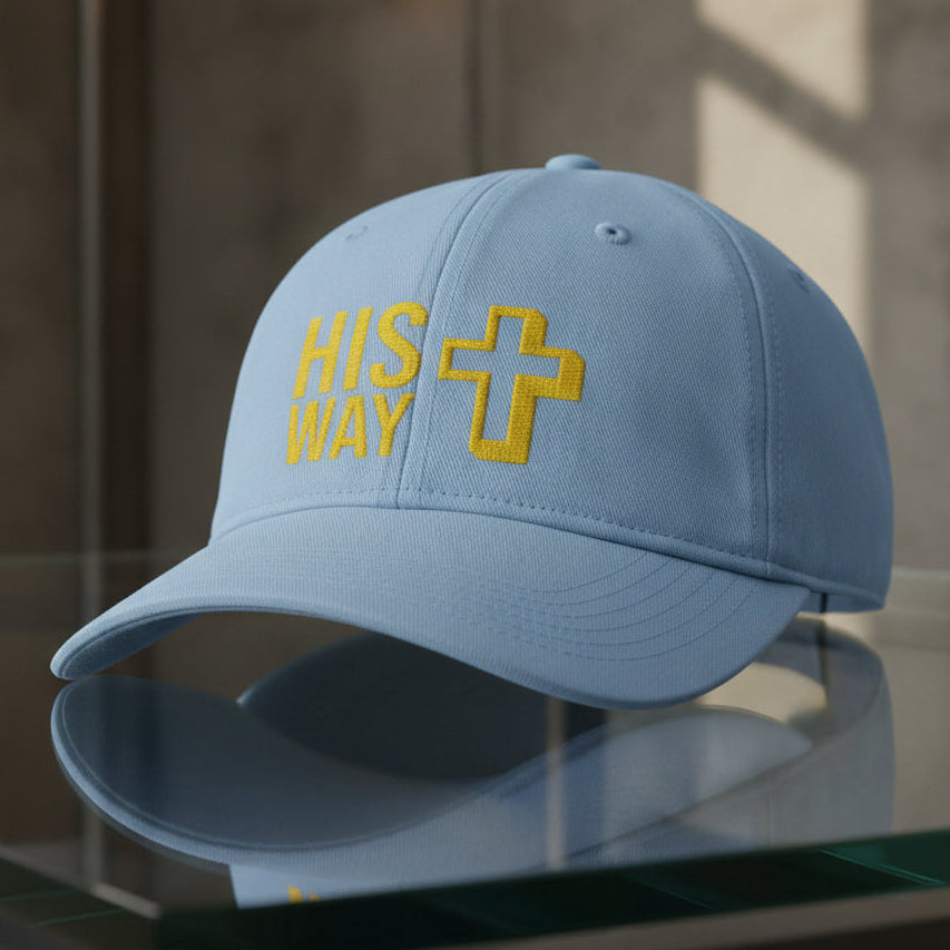 His Way Cap in Hydrangea (light blue) — his way, cross, Comfort Colors CCWC0 washed christian cap