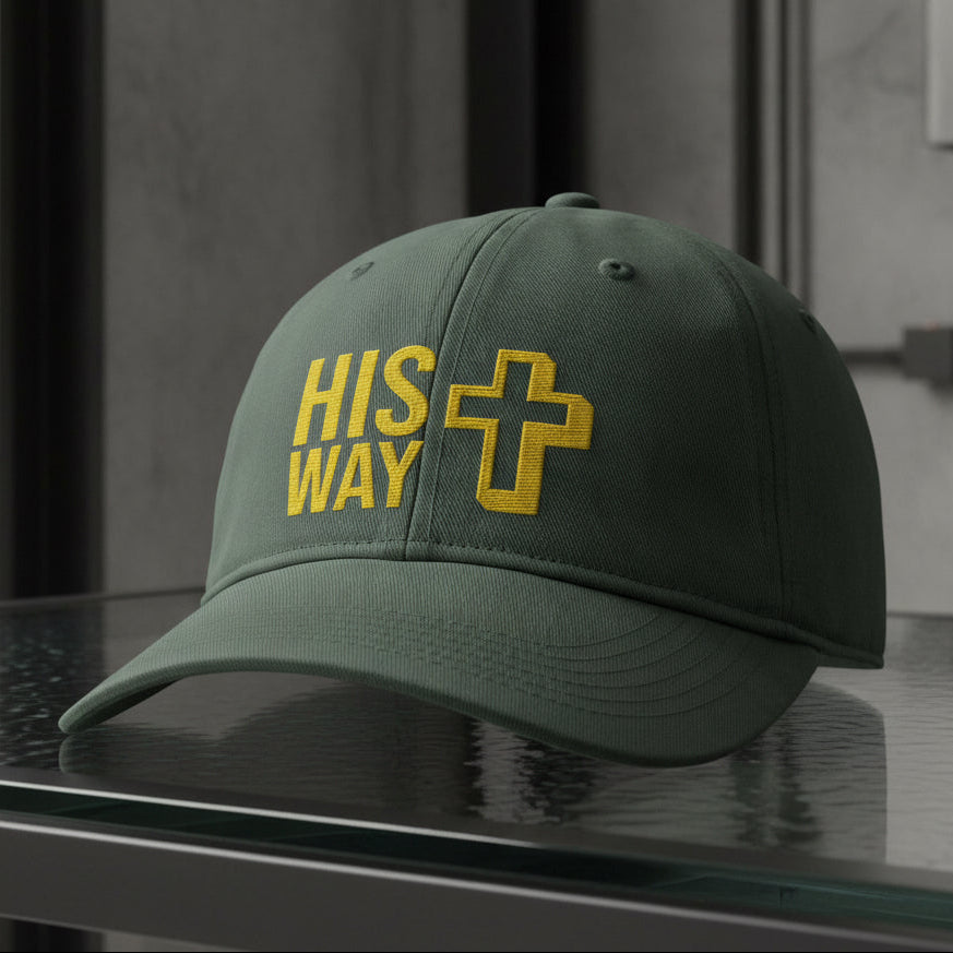 His Way Cap in Moss (green) — his way, cross, Comfort Colors CCWC0 washed christian cap