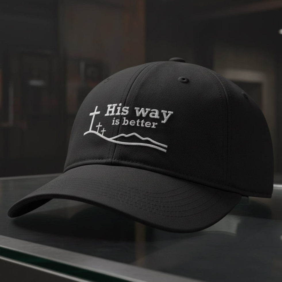 His Way Is Better Cap in Black — his way is better, cross on the hill, Comfort Colors CCWC0 washed christian cap