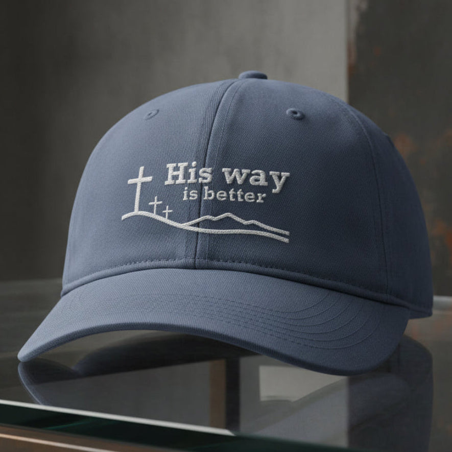 His Way Is Better Cap in Blue Jean (slate blue) — his way is better, cross on the hill, Comfort Colors CCWC0 washed christian cap