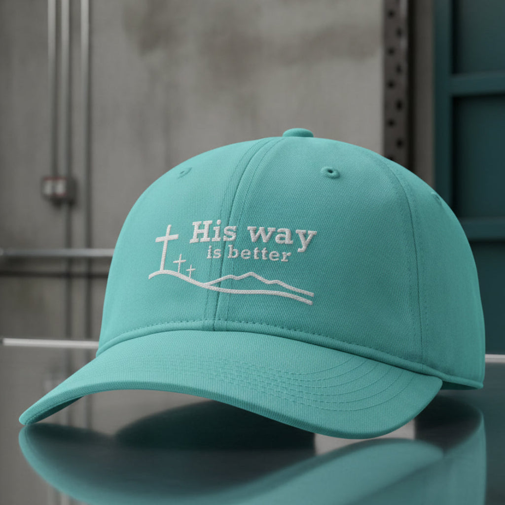 His Way Is Better Cap in Chalky Mint (mint green), alternate view — his way is better, cross on the hill, Comfort Colors CCWC0 washed christian cap