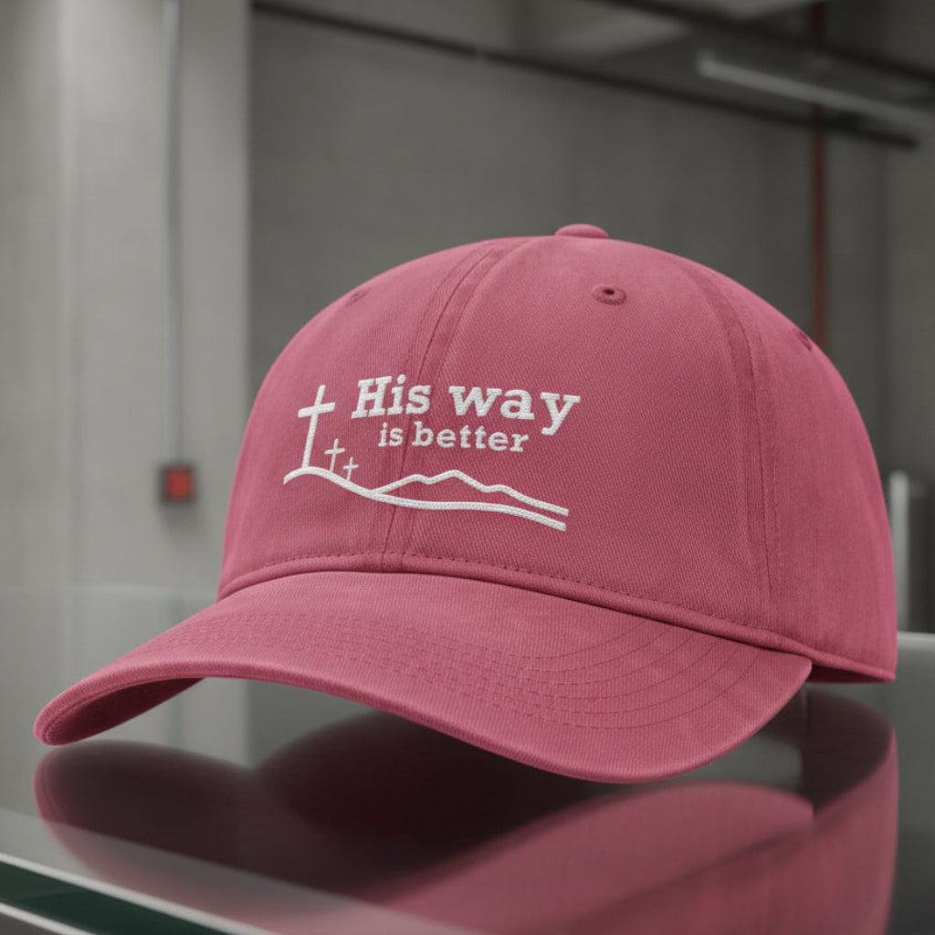 His Way Is Better Cap in Crimson (washed red) — his way is better, cross on the hill, Comfort Colors CCWC0 washed christian cap