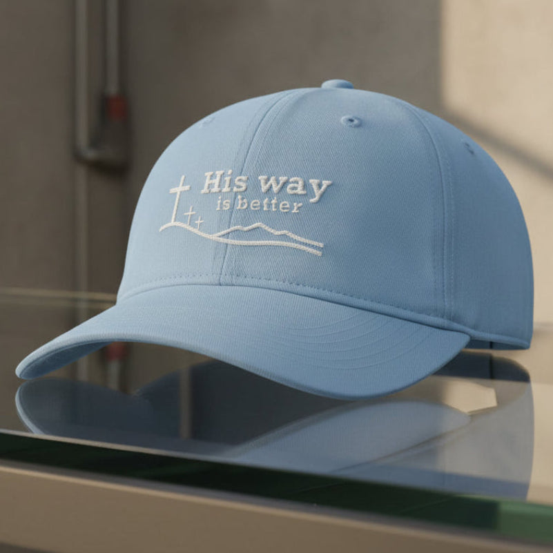 His Way Is Better Cap in Hydrangea (light blue) — his way is better, cross on the hill, Comfort Colors CCWC0 washed christian cap