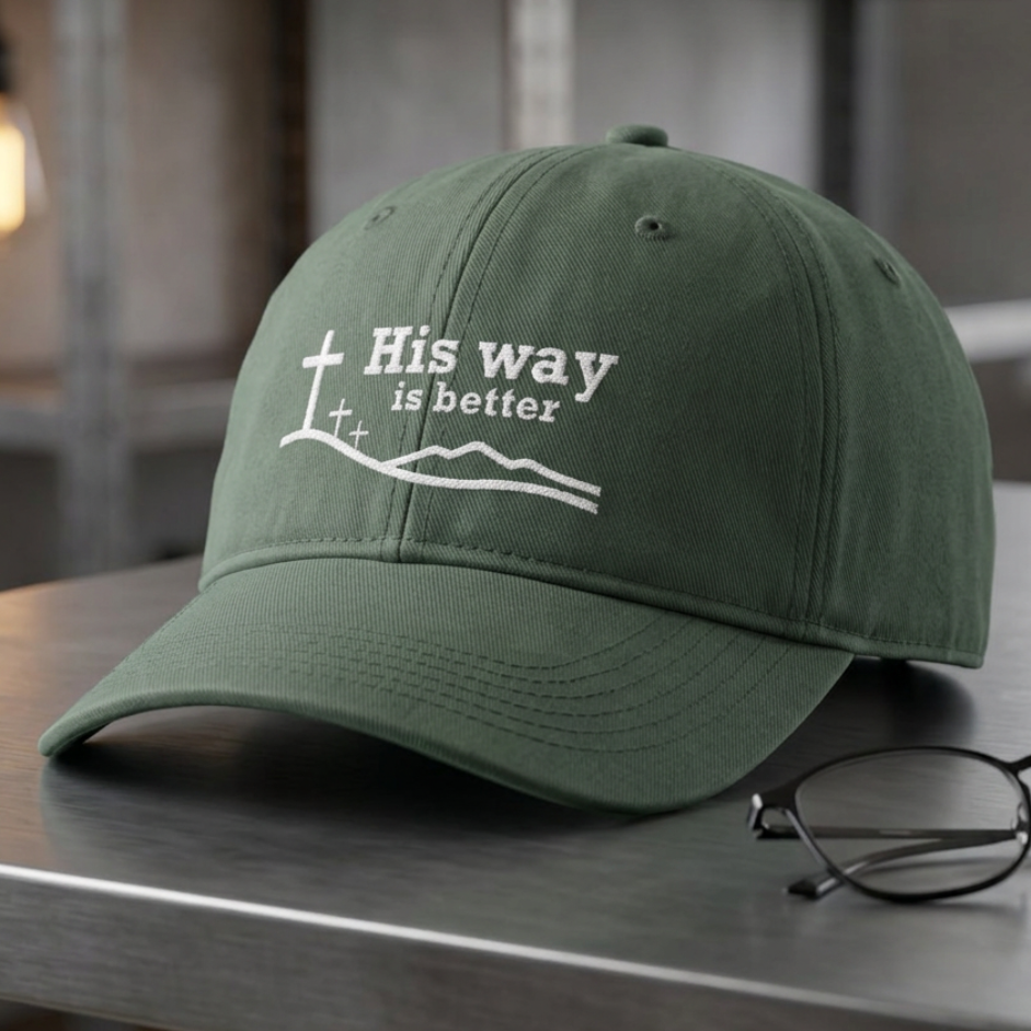 His Way Is Better Cap in Moss (green) — his way is better, cross on the hill, Comfort Colors CCWC0 washed christian cap