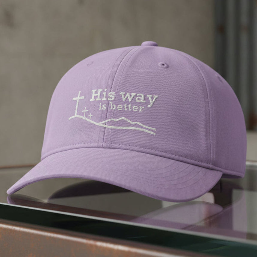 His Way Is Better Cap in Orchid (lilac) — his way is better, cross on the hill, Comfort Colors CCWC0 washed christian cap
