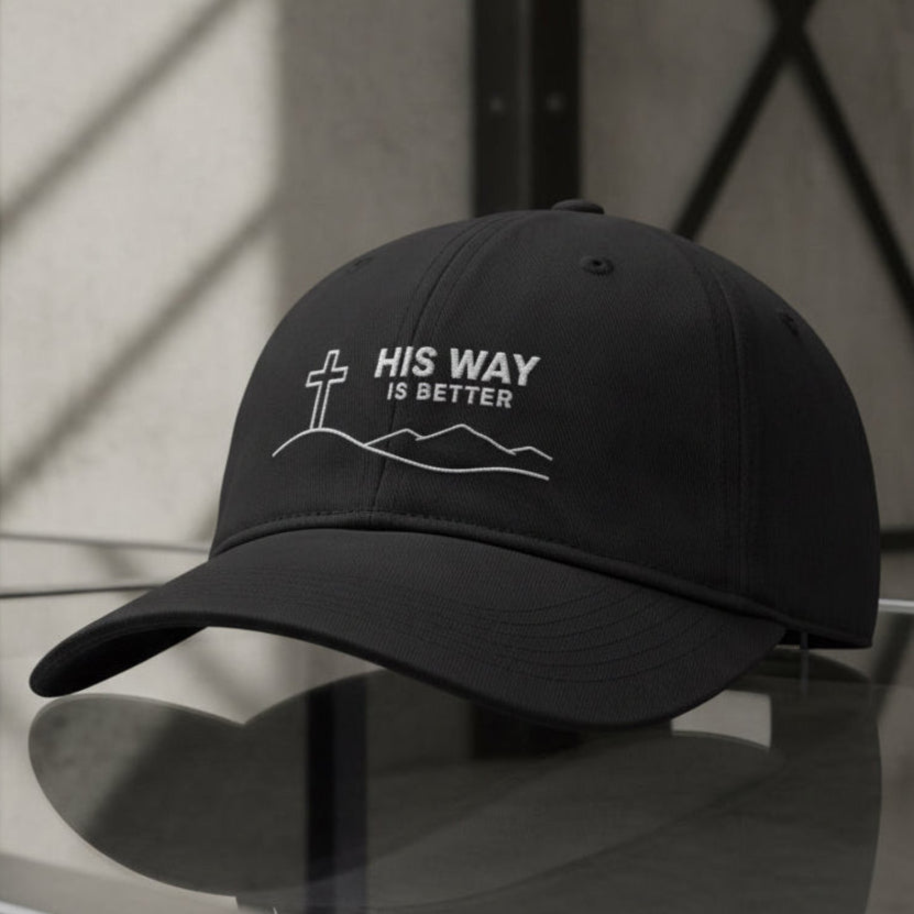 His Way Mountain Cross Cap in Black — his way is better, mountain cross, Comfort Colors CCWC0 washed christian cap