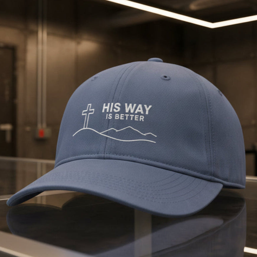 His Way Mountain Cross Cap in Blue Jean (slate blue) — his way is better, mountain cross, Comfort Colors CCWC0 washed christian cap