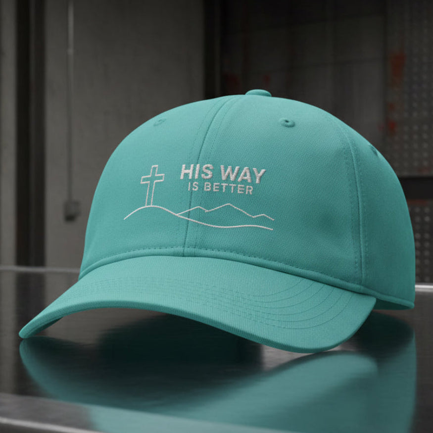 His Way Mountain Cross Cap in Chalky Mint (mint green) — his way is better, mountain cross, Comfort Colors CCWC0 washed christian cap