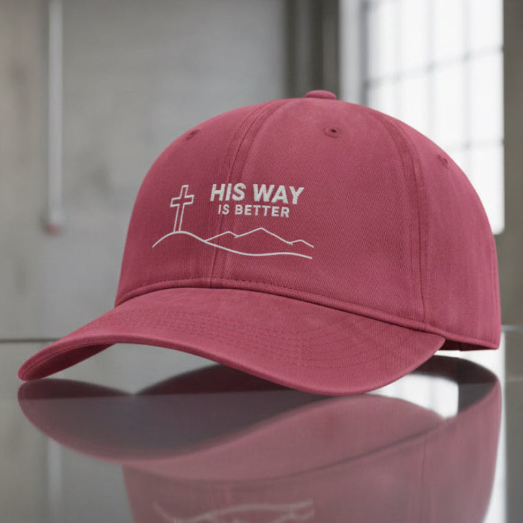 His Way Mountain Cross Cap in Crimson (washed red) — his way is better, mountain cross, Comfort Colors CCWC0 washed christian cap