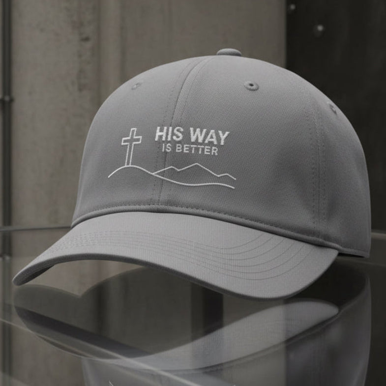 His Way Mountain Cross Cap in Granite (grey) — his way is better, mountain cross, Comfort Colors CCWC0 washed christian cap