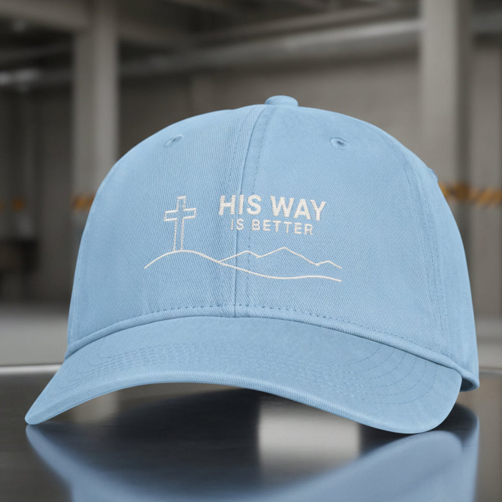 His Way Mountain Cross Cap in Hydrangea (light blue) — his way is better, mountain cross, Comfort Colors CCWC0 washed christian cap