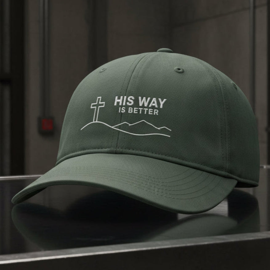 His Way Mountain Cross Cap in Moss (green), alternate view — his way is better, mountain cross, Comfort Colors CCWC0 washed christian cap