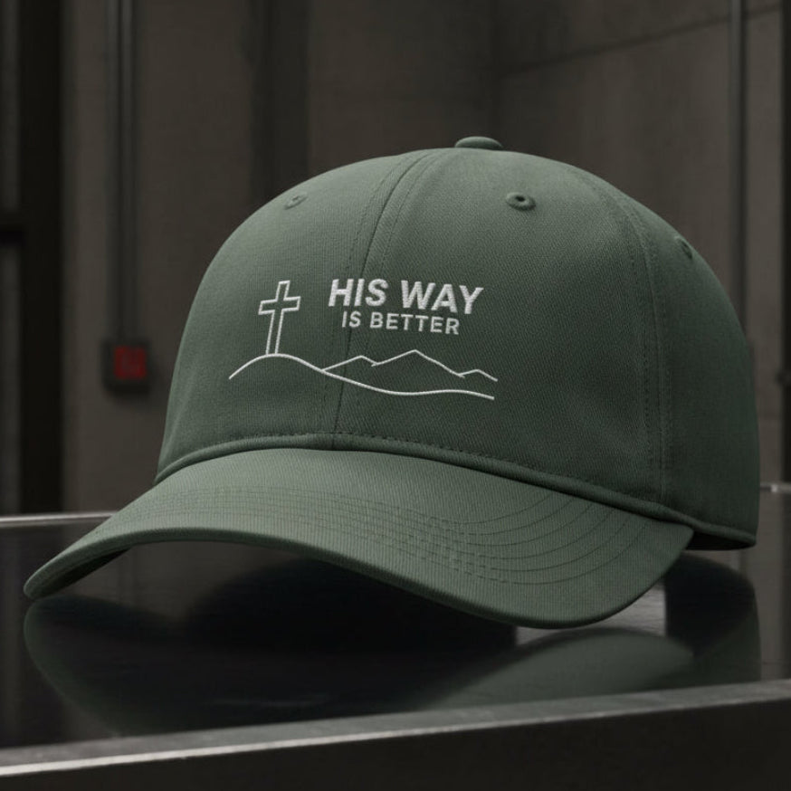 His Way Mountain Cross Cap in Moss (green) — his way is better, mountain cross, Comfort Colors CCWC0 washed christian cap