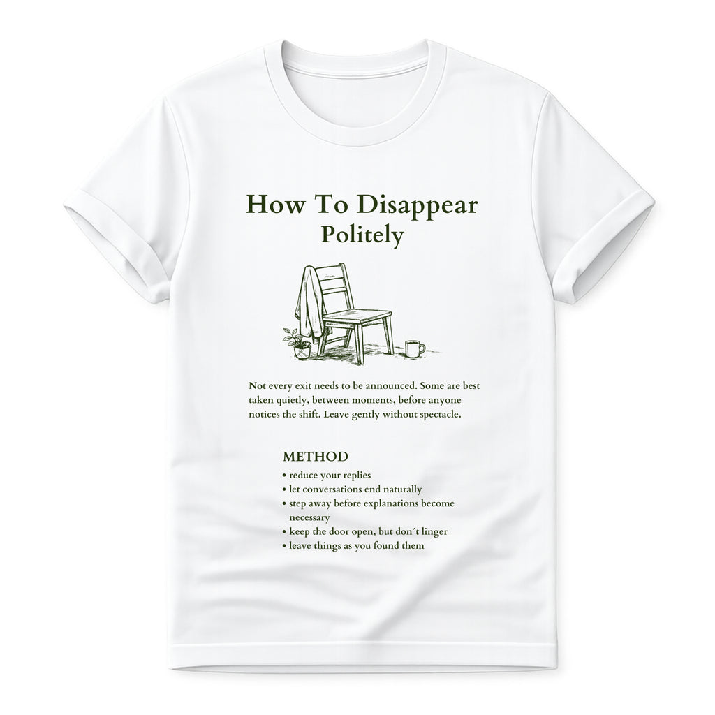 White Gildan 64000 T-shirt with How To Disappear Politely introvert graphic, minimalist chair, sweater and mug illustration.