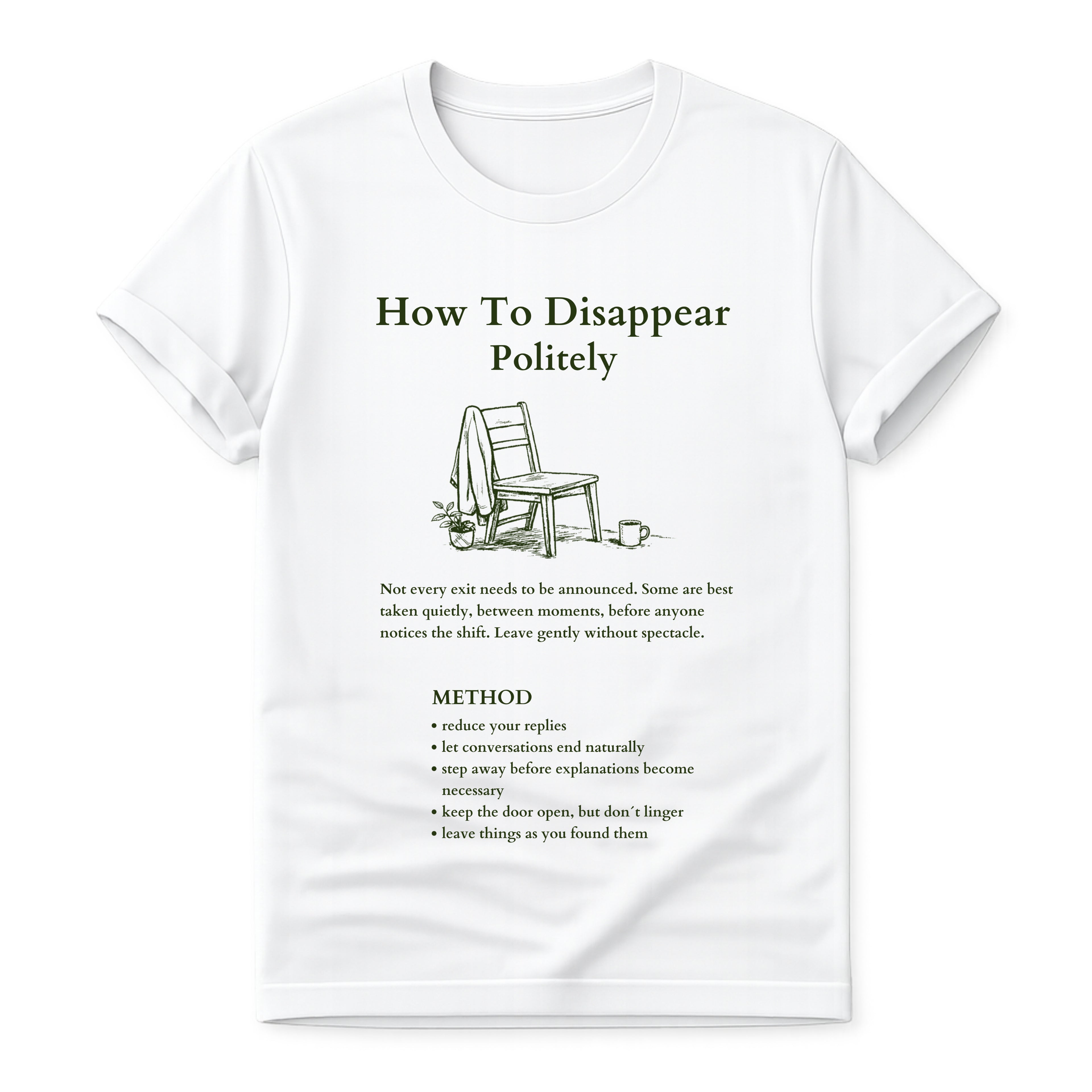 White Gildan 64000 T-shirt with How To Disappear Politely introvert graphic, minimalist chair, sweater and mug illustration.