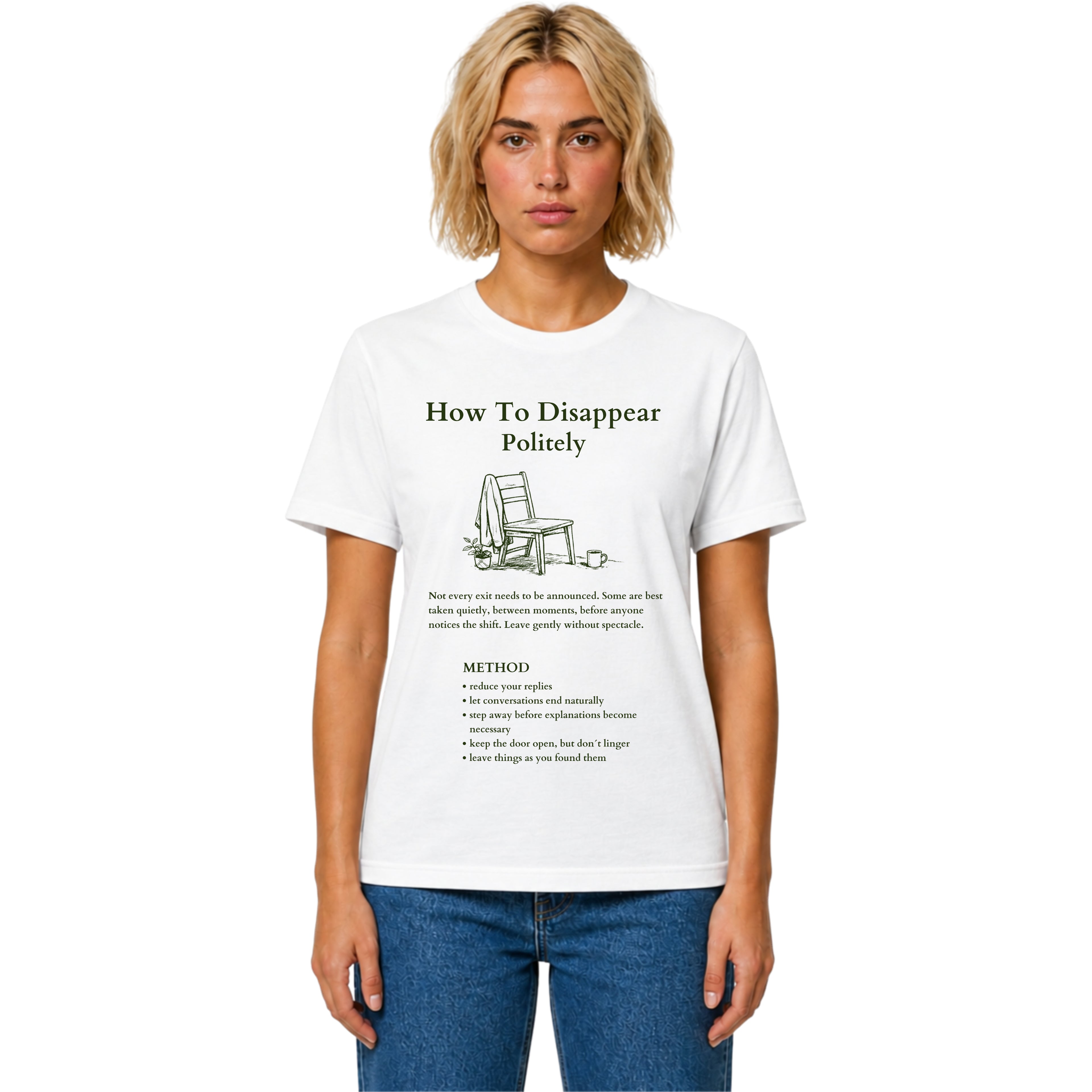 White Model Gildan 64000 T-shirt with How To Disappear Politely introvert graphic, minimalist chair, sweater and mug illustration.