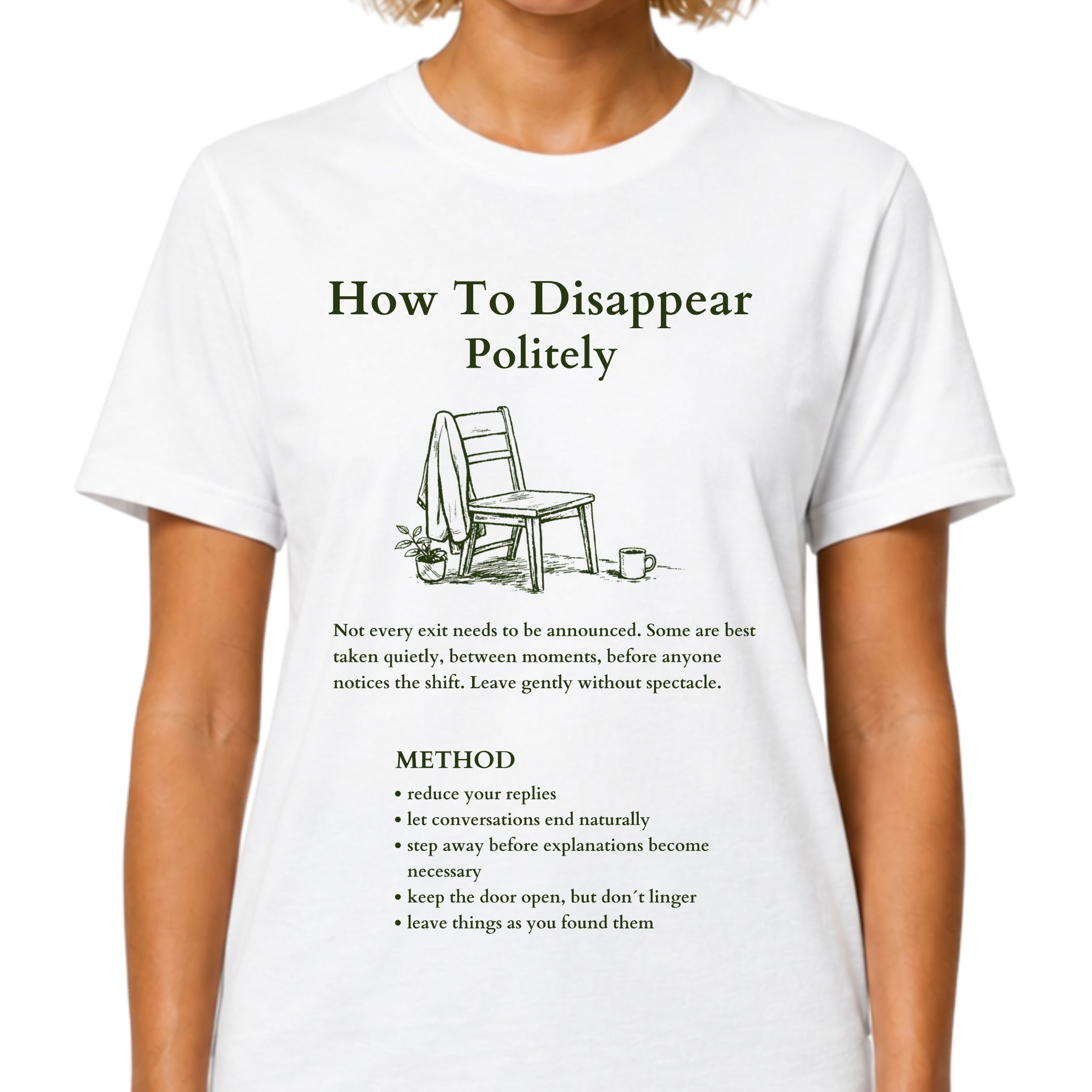 White Model Gildan 64000 T-shirt with How To Disappear Politely introvert graphic, minimalist chair, sweater and mug illustration.