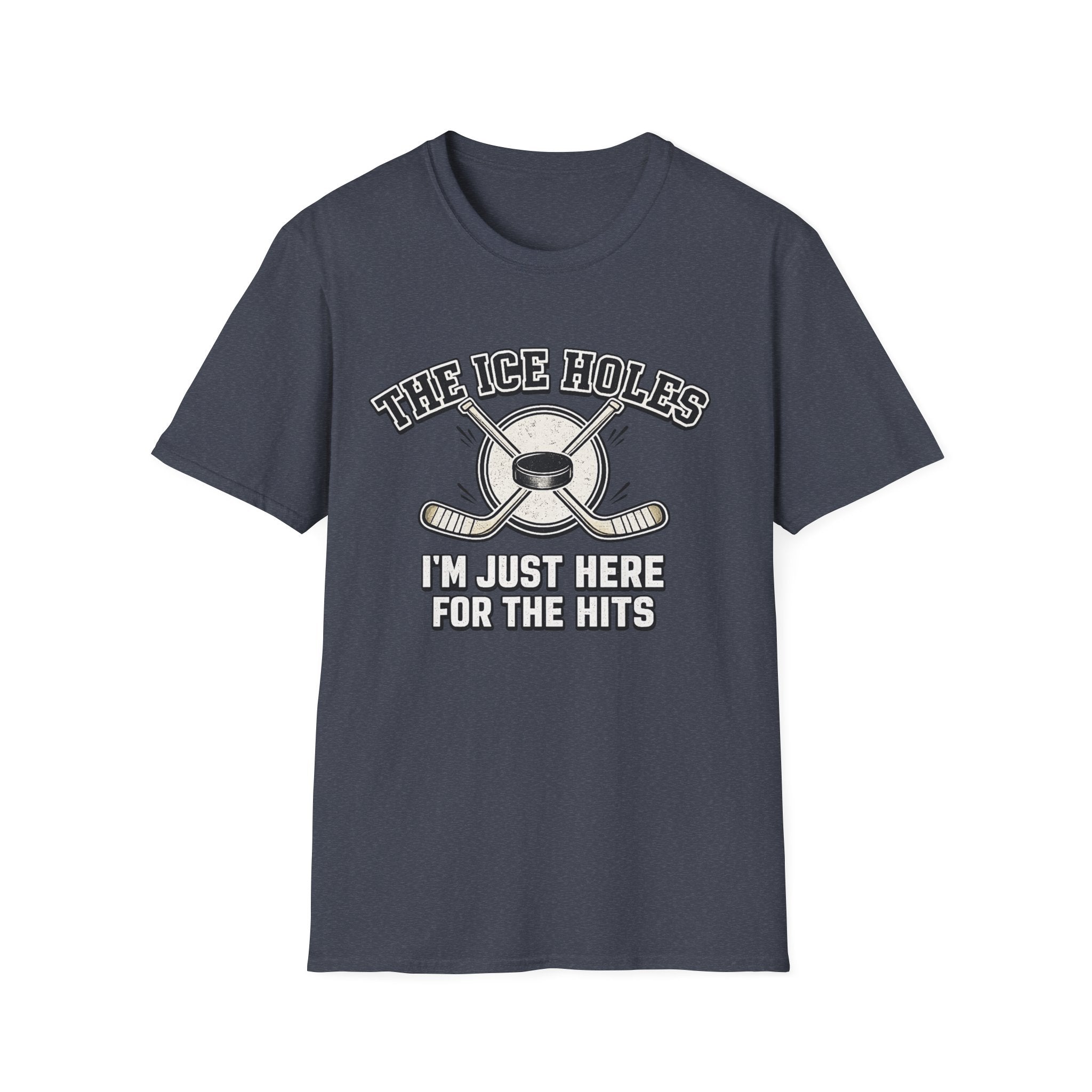 heather navy t-shirt with 'the ice holes' graphic on a white background
