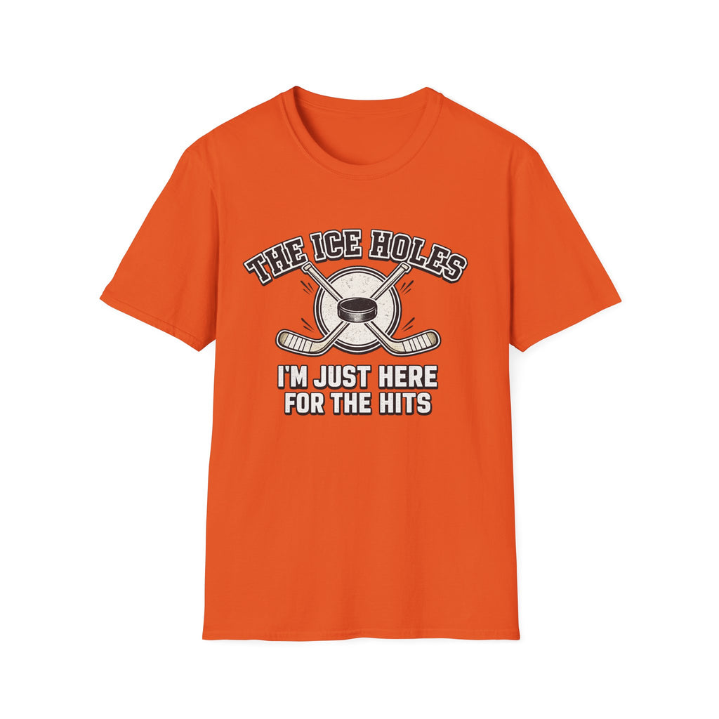 Orange t-shirt with hockey-themed graphic and text on a white background