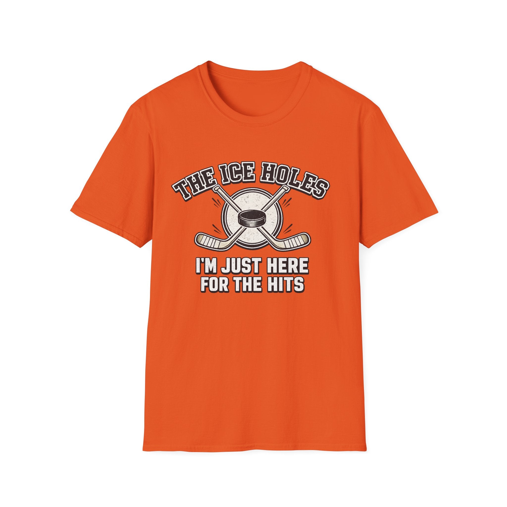 Orange t-shirt with hockey-themed graphic and text on a white background