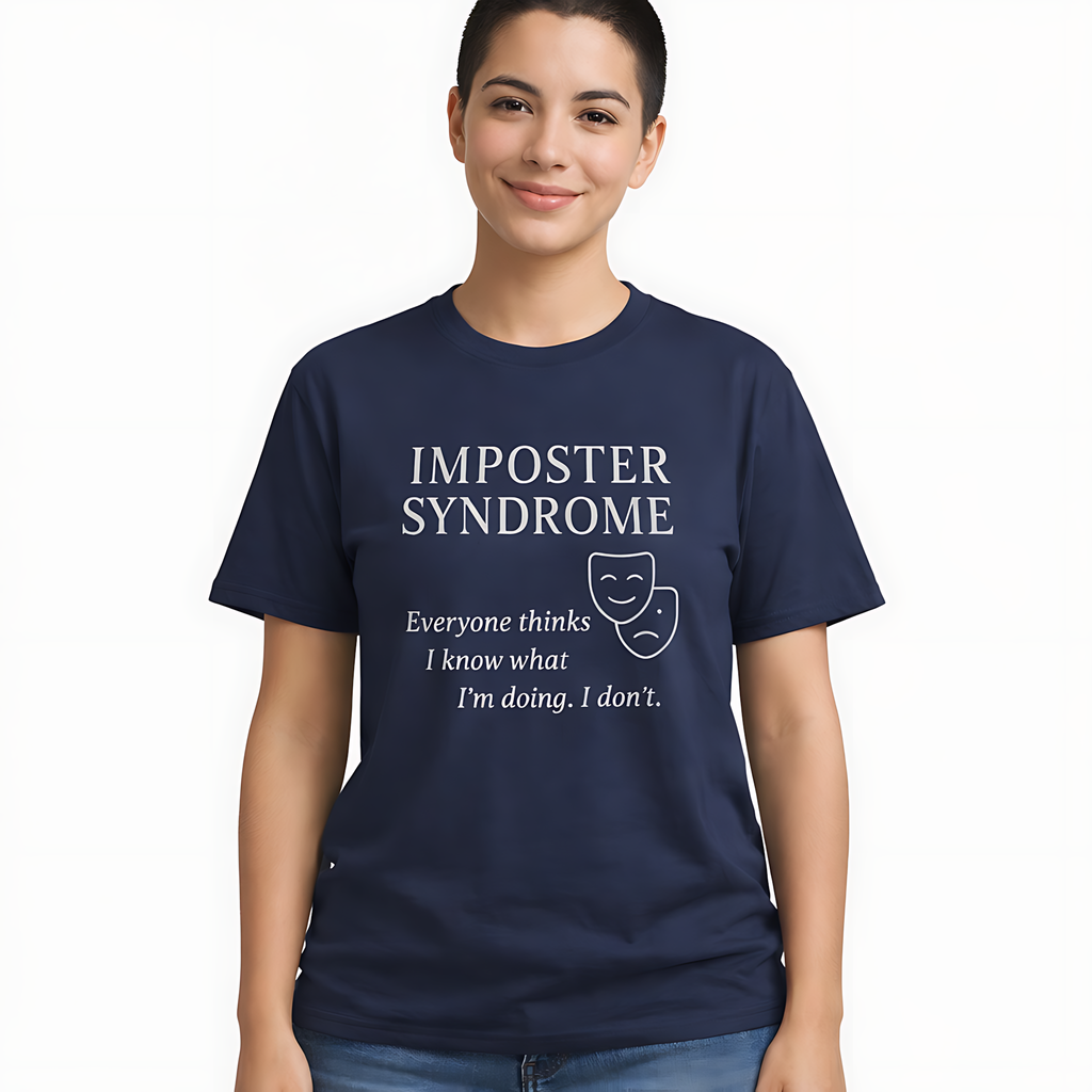 Person wearing a navy blue t-shirt with 'Imposter Syndrome' text and graphic.