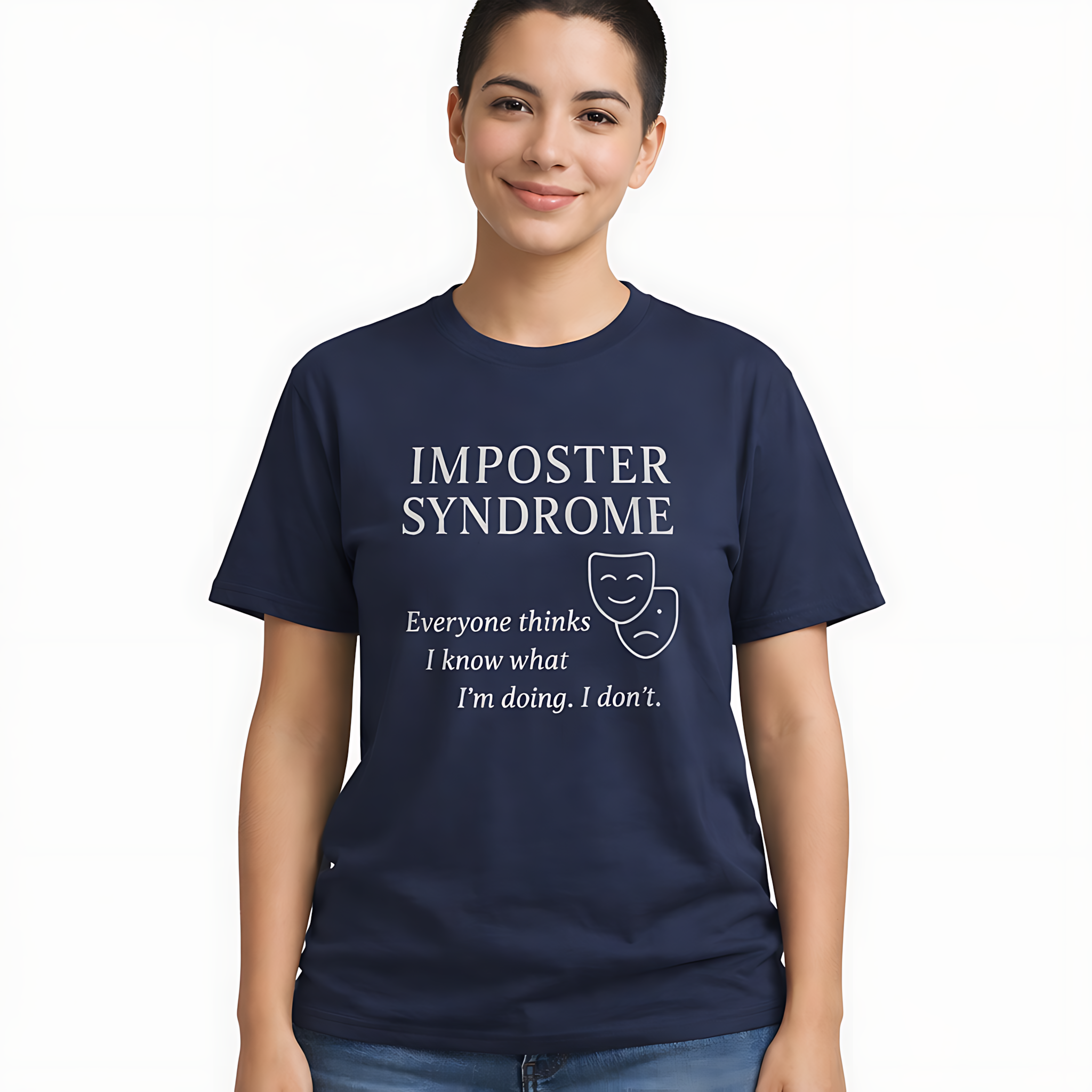 Person wearing a navy blue t-shirt with 'Imposter Syndrome' text and graphic.