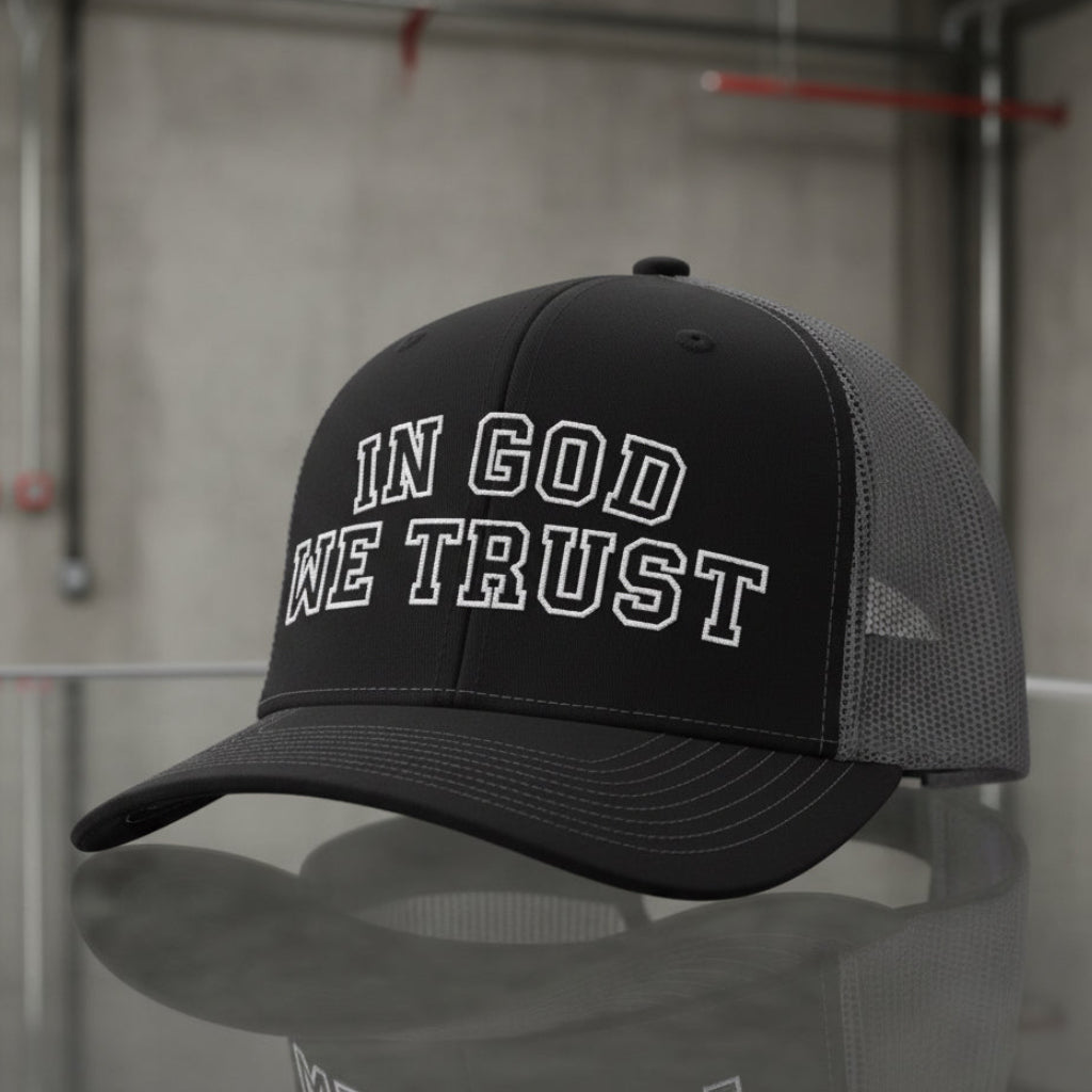 In God We Trust Trucker Cap in Black / Charcoal — in god we trust, collegiate, Richardson 112 christian trucker cap