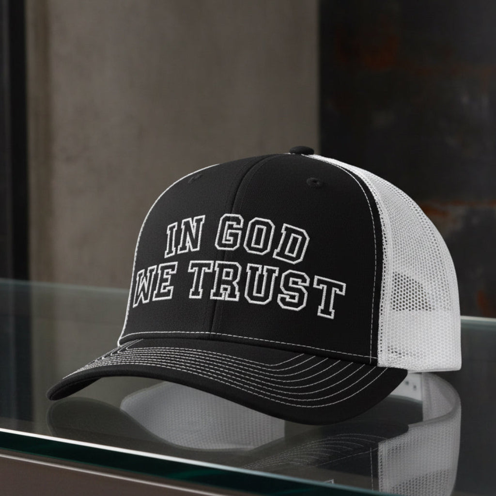 In God We Trust Trucker Cap in Black / White — in god we trust, collegiate, Richardson 112 christian trucker cap